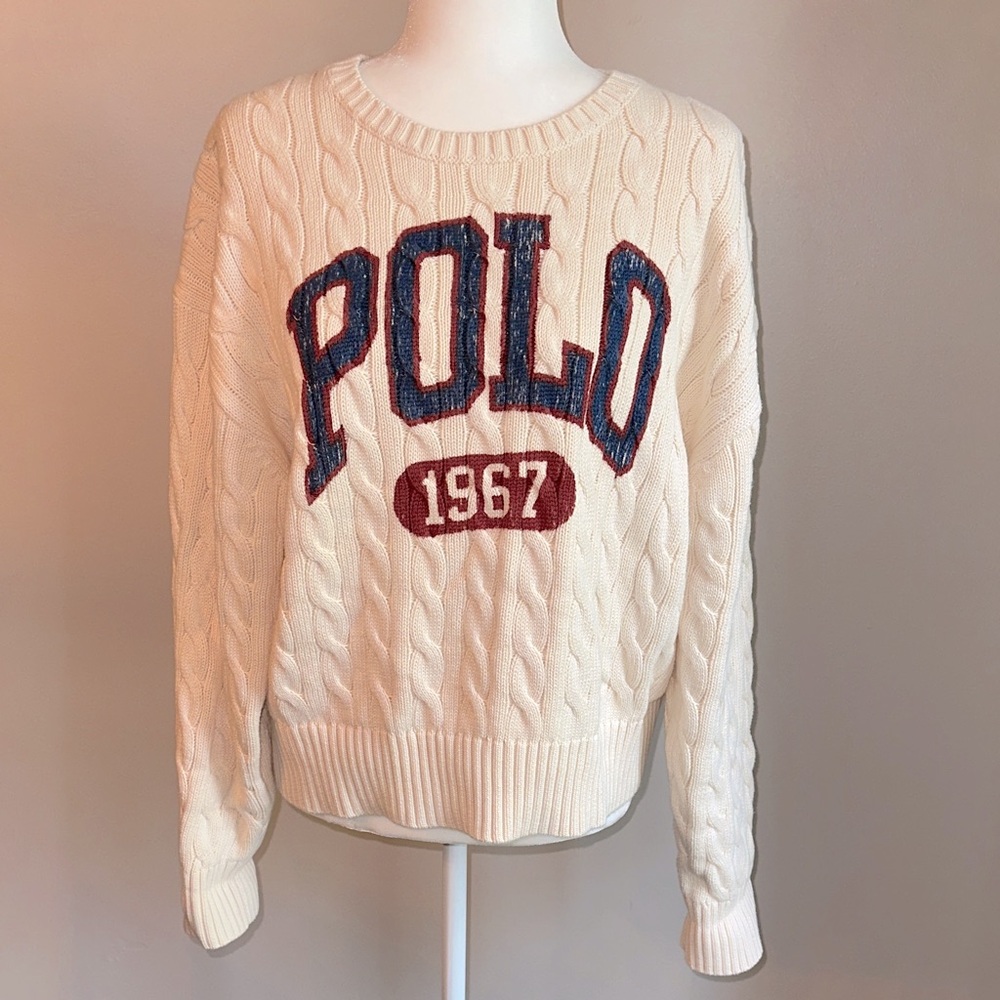 Polo by Ralph Lauren Women's Cream Cable Knit Sweater with Logo